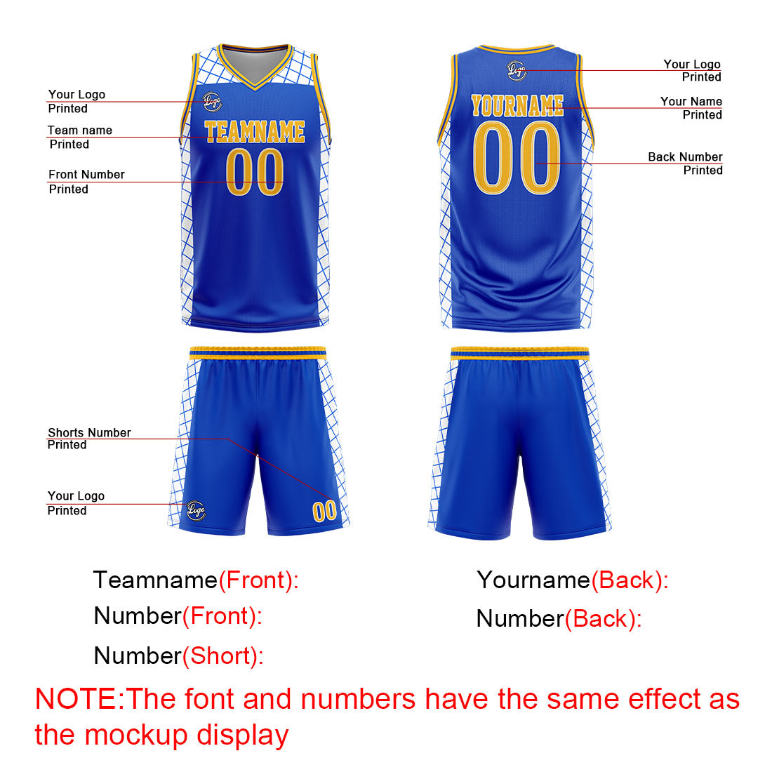 Uniforme de baloncesto personalizado azul y amarillo con tu logotipo-nombre y número impresos