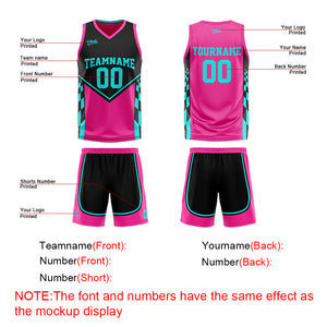 Traje de baloncesto reversible personalizado en negro-rosa y azul claro para adultos y niños
