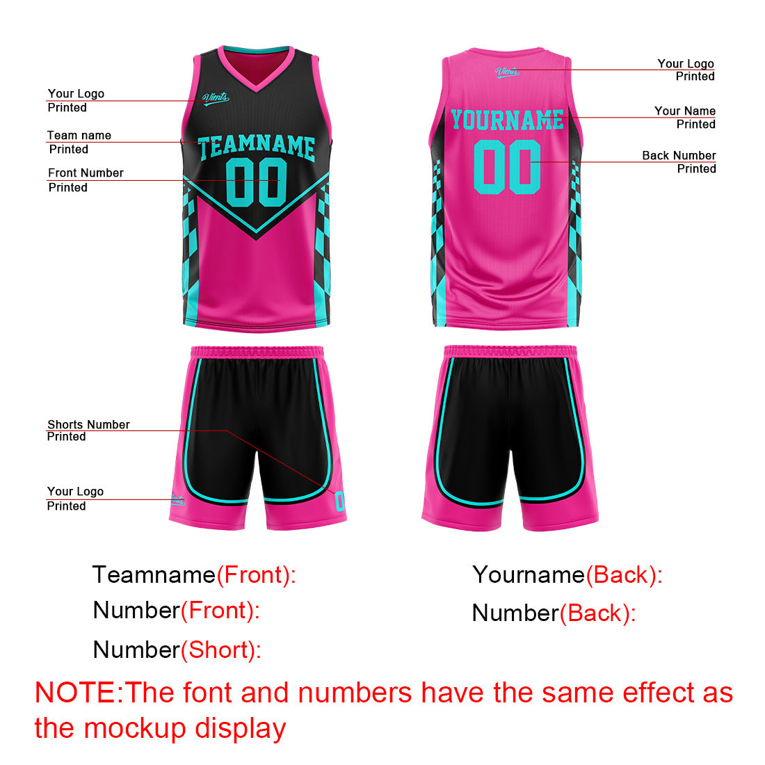 Traje de baloncesto reversible personalizado en negro-rosa y azul claro para adultos y niños
