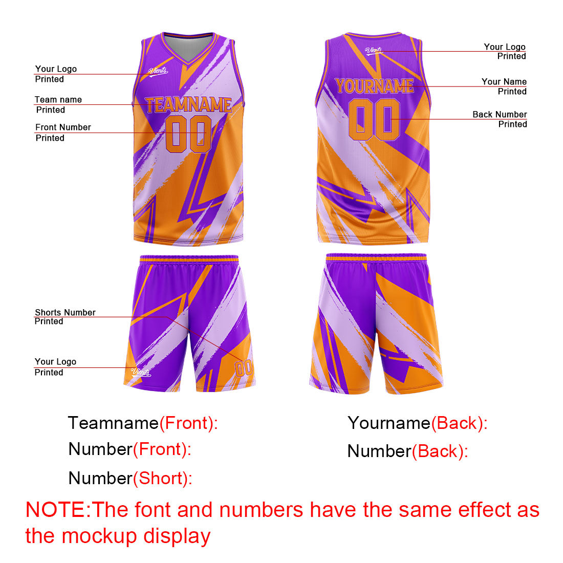 Uniforme de baloncesto personalizado de color morado y naranja con tu logotipo-nombre y número impresos