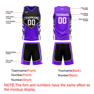 Traje de baloncesto reversible negro y morado personalizado para adultos y niños