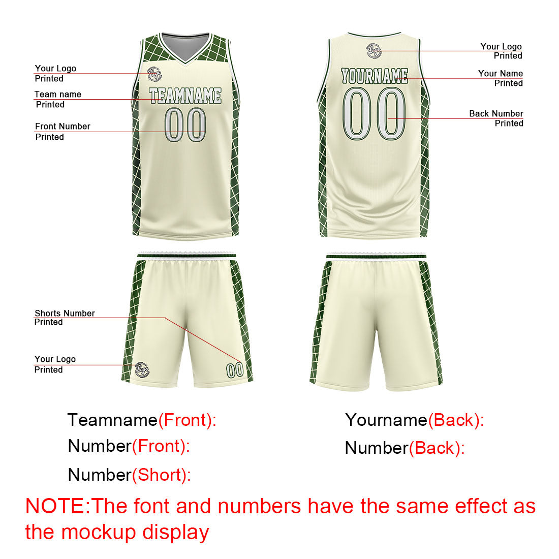 Uniforme de baloncesto personalizado color crema y verde con tu logotipo-nombre y número impresos