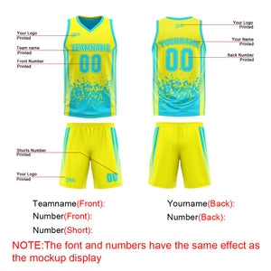 Traje de baloncesto reversible personalizado amarillo claro y azul claro para adultos y niños