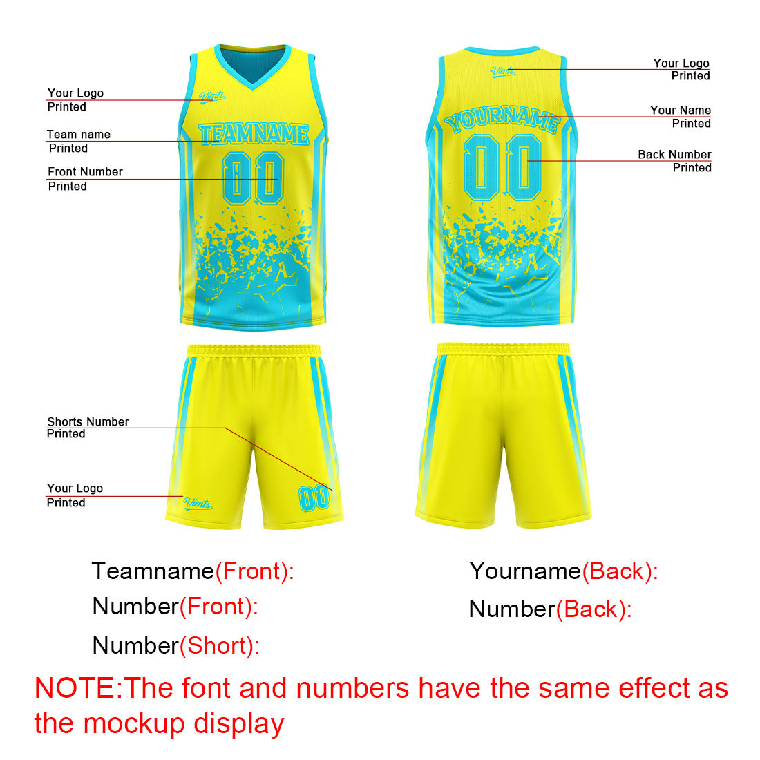 Traje de baloncesto reversible personalizado amarillo claro y azul claro para adultos y niños