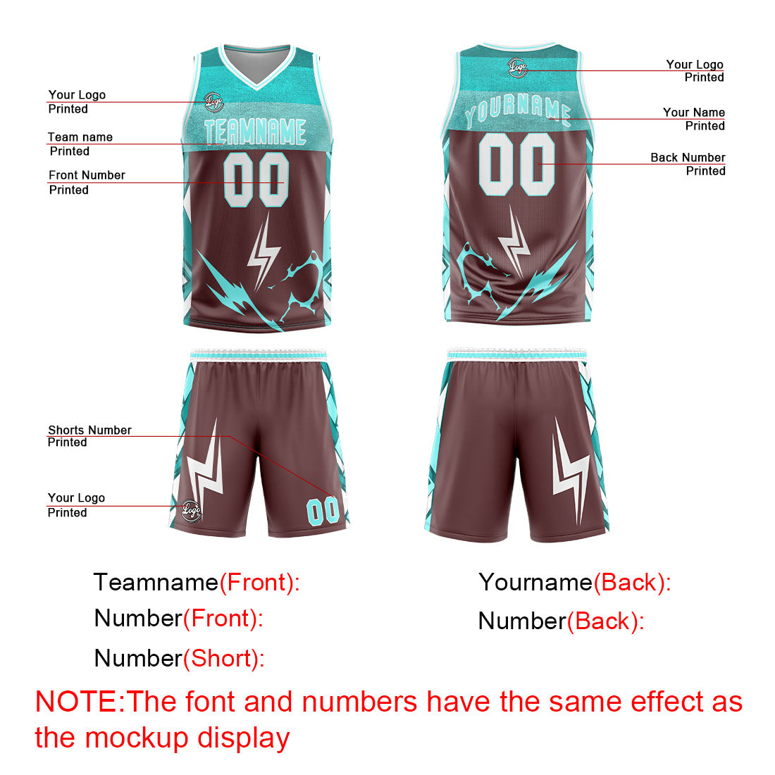 Uniforme de baloncesto personalizado en color marrón cian con tu logotipo-nombre y número impresos