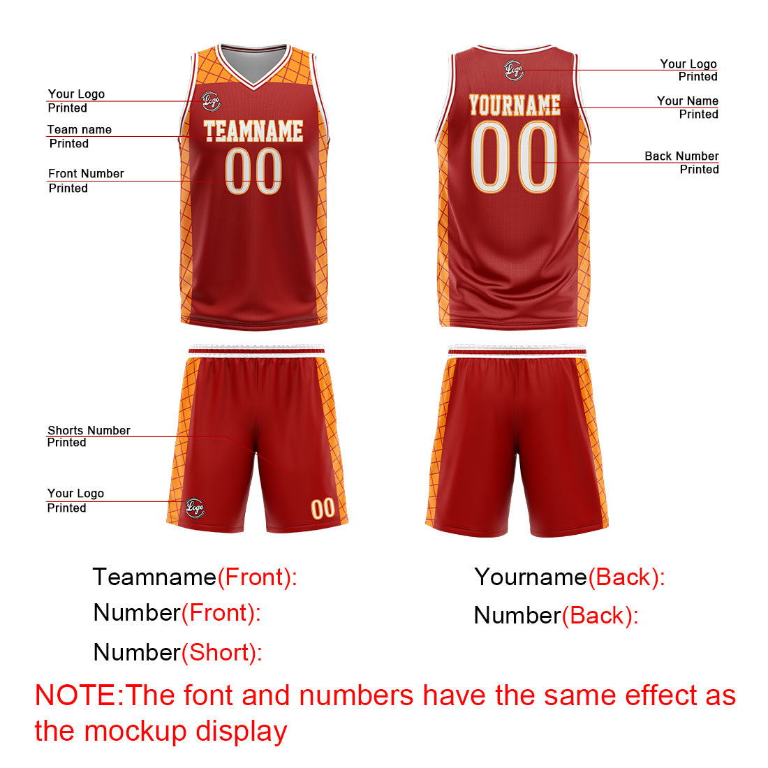 Uniforme de baloncesto personalizado rojo y naranja con tu logotipo-nombre y número impresos