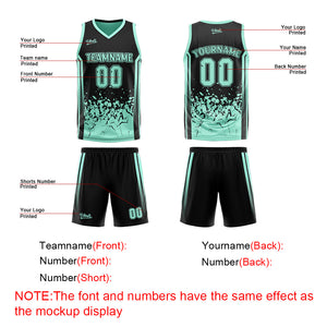 Traje de baloncesto reversible negro y verde claro personalizado para adultos y niños