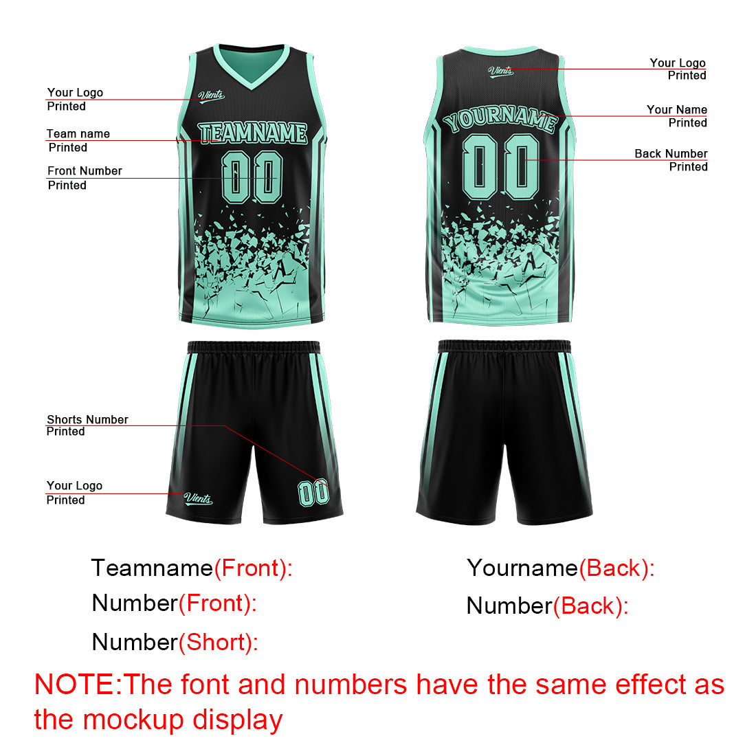 Traje de baloncesto reversible negro y verde claro personalizado para adultos y niños