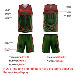 Uniforme de baloncesto personalizado verde y rojo con tu logotipo-nombre y número impresos