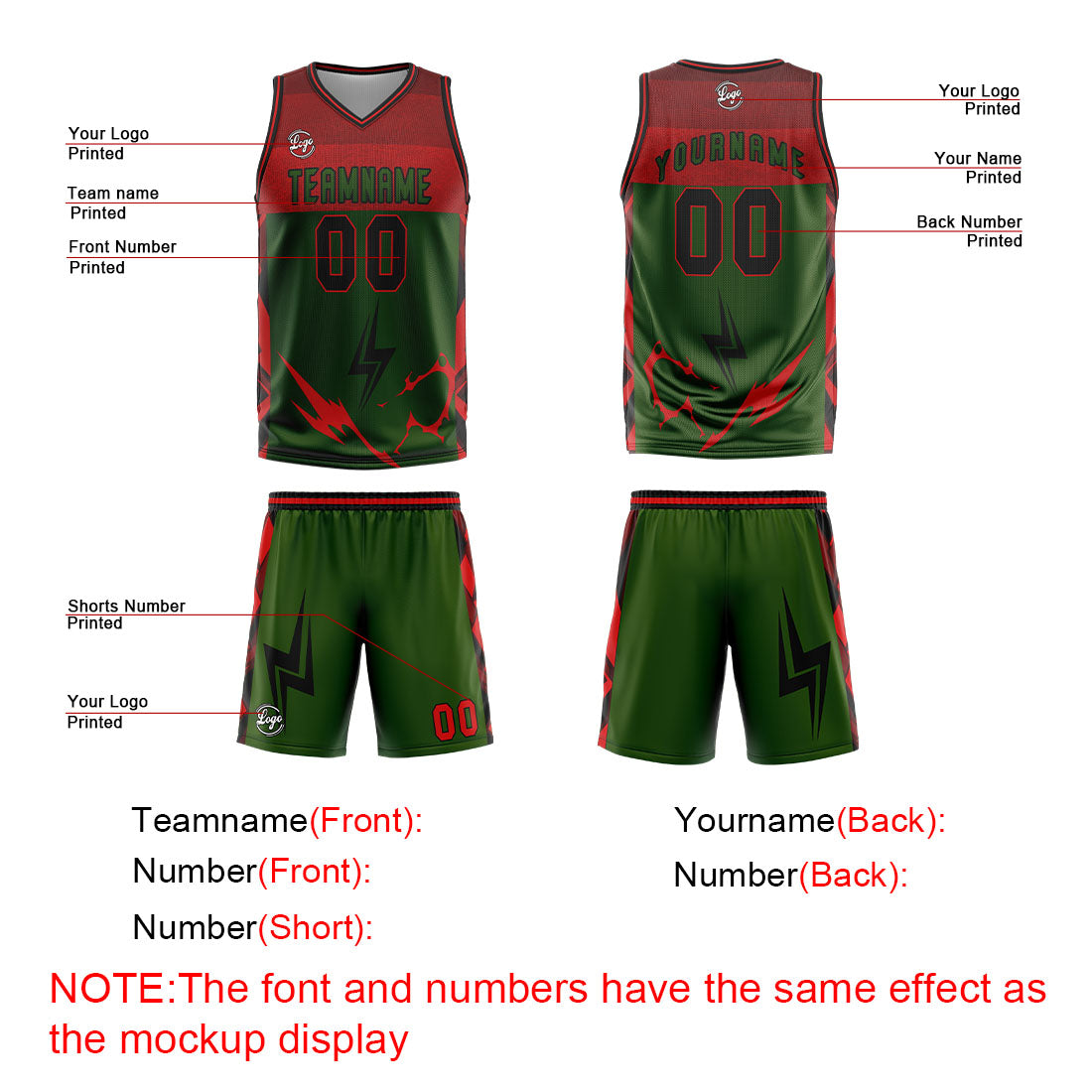 Uniforme de baloncesto personalizado verde y rojo con tu logotipo-nombre y número impresos