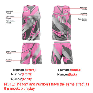Uniforme de baloncesto rosa y gris personalizado con tu logotipo-nombre y número impresos