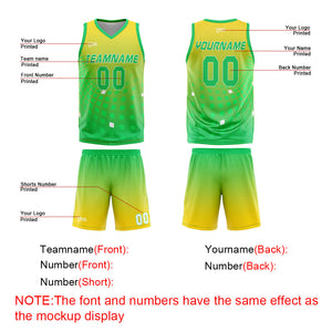 Uniforme de baloncesto personalizado amarillo y verde con tu logotipo-nombre y número impresos