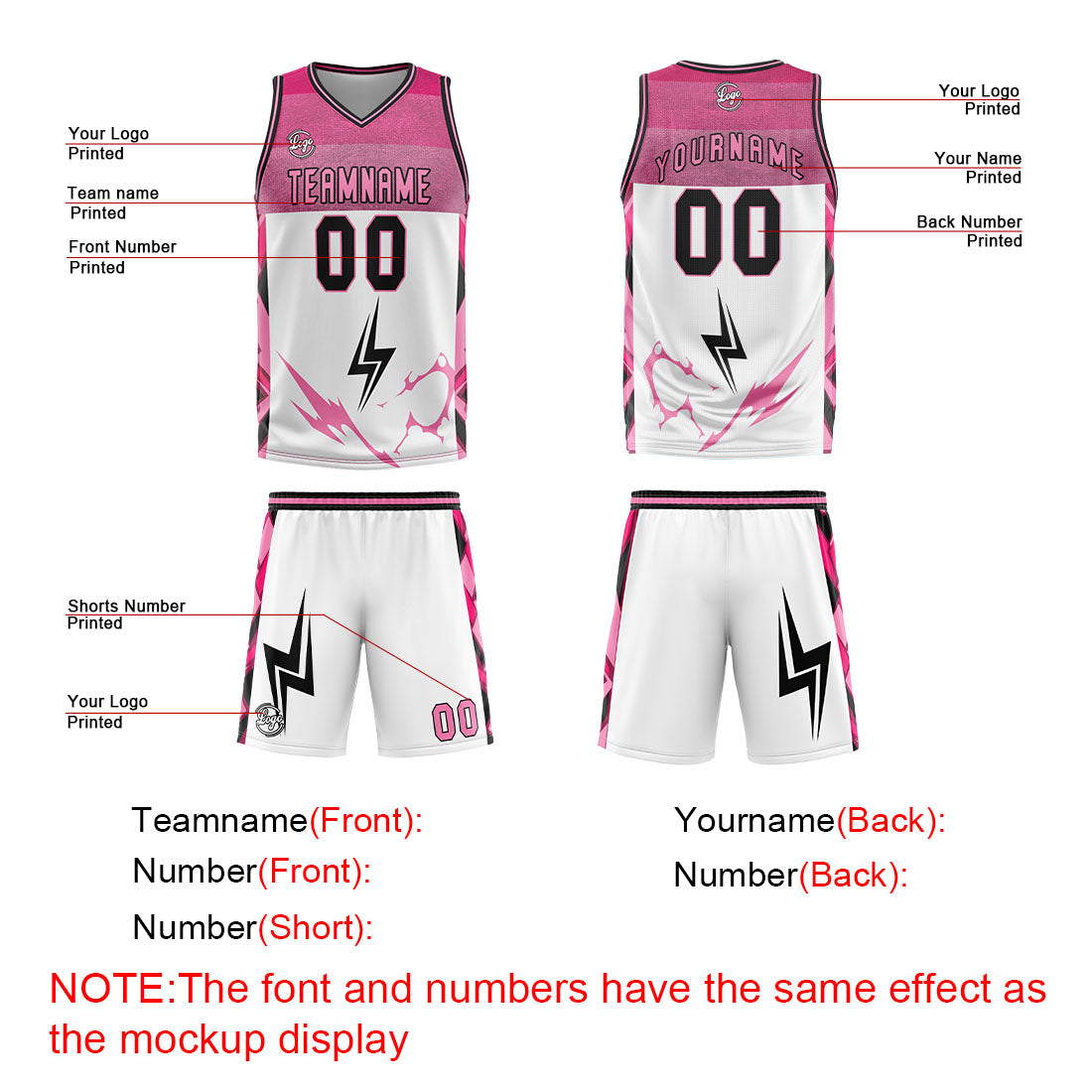 Uniforme de baloncesto personalizado blanco y rosa con tu logotipo-nombre y número impresos