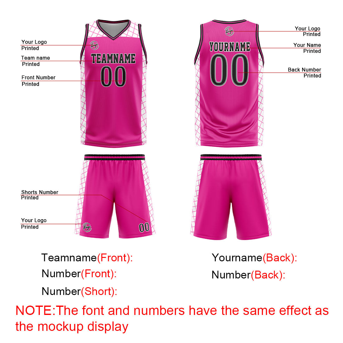 Uniforme de baloncesto rosa y negro personalizado con tu logotipo-nombre y número impresos