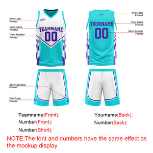 Traje de baloncesto reversible azul claro y morado personalizado para adultos y niños