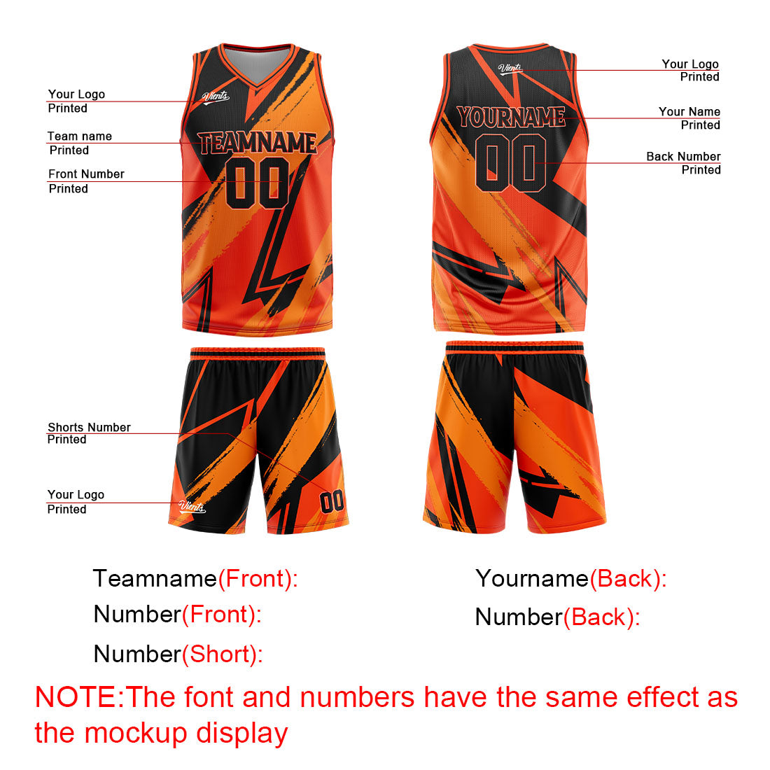Uniforme de baloncesto personalizado naranja y negro con tu logotipo-nombre y número impresos
