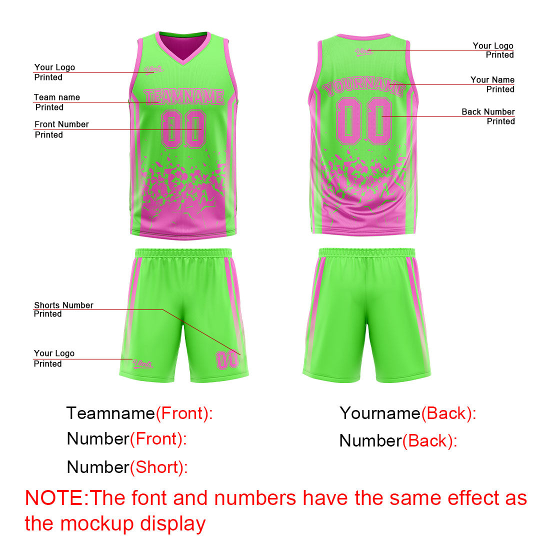 Traje de baloncesto reversible verde y rosa personalizado para adultos y niños