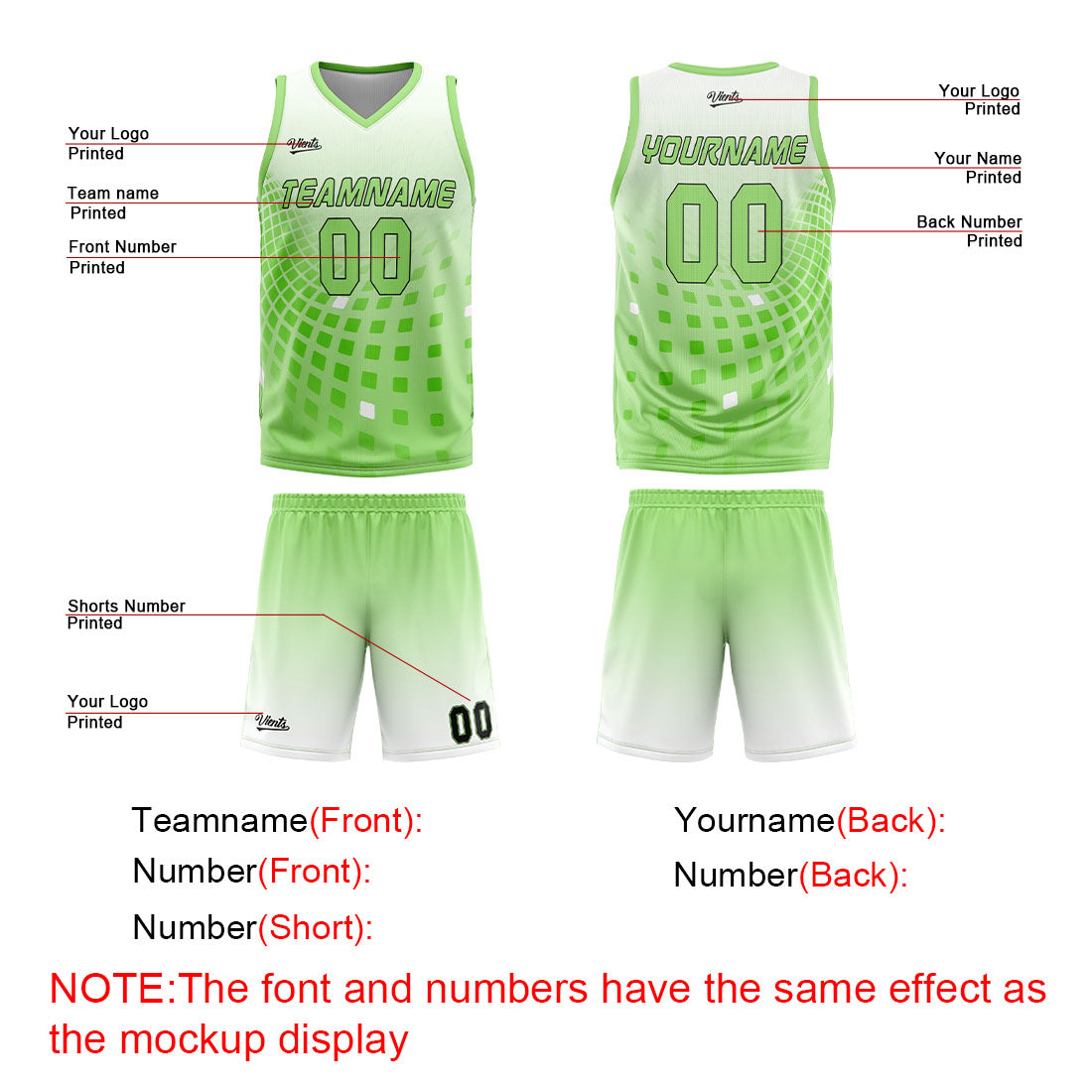 Uniforme de baloncesto personalizado blanco y verde con tu logotipo-nombre y número impresos