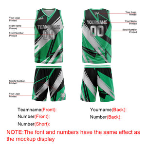 Uniforme de baloncesto personalizado en negro-verde y gris con tu logotipo-nombre y número impresos