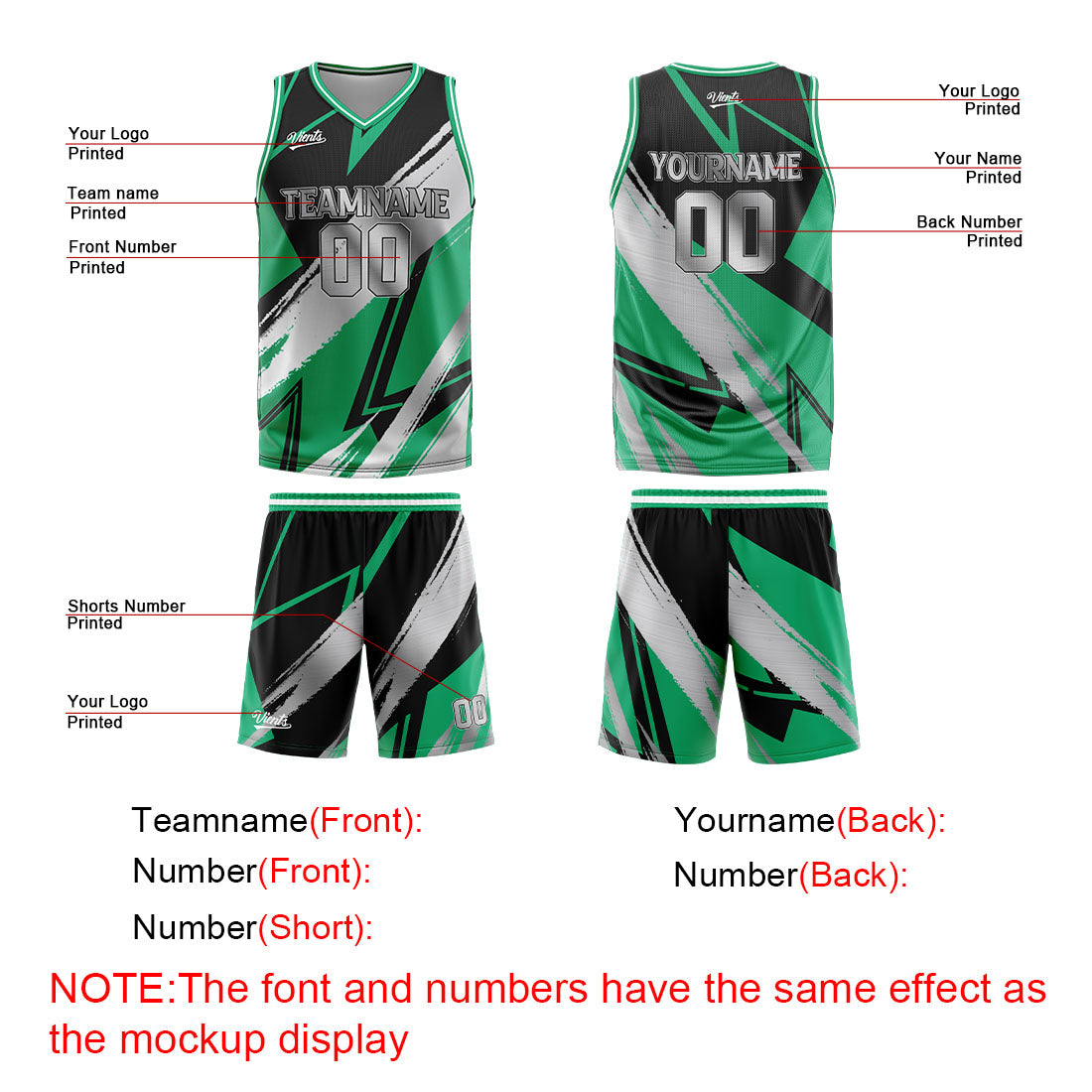 Uniforme de baloncesto personalizado en negro-verde y gris con tu logotipo-nombre y número impresos