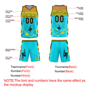 Uniforme de baloncesto personalizado azul claro y amarillo con tu logotipo-nombre y número impresos
