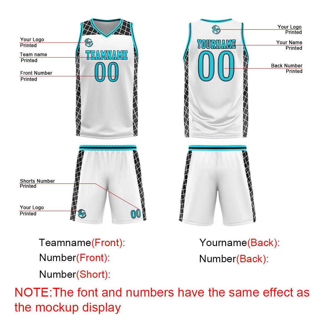 Uniforme de baloncesto personalizado blanco-negro y azul con tu logotipo-nombre y número impresos