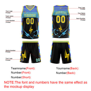 Uniforme de baloncesto personalizado en negro-azul y amarillo con tu logotipo-nombre y número impresos