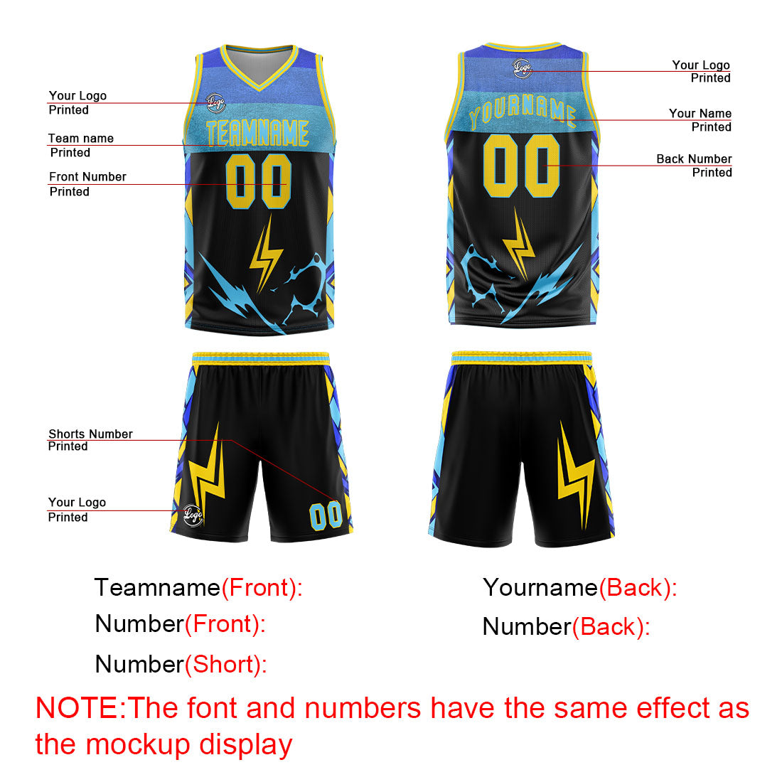 Uniforme de baloncesto personalizado en negro-azul y amarillo con tu logotipo-nombre y número impresos