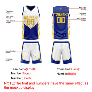 Traje de baloncesto reversible azul y amarillo personalizado para adultos y niños