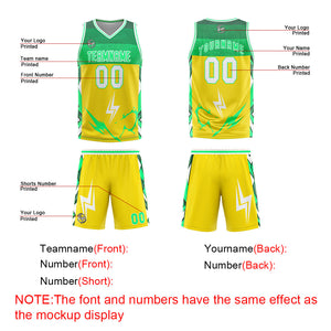 Uniforme de baloncesto personalizado amarillo y verde con tu logotipo-nombre y número impresos