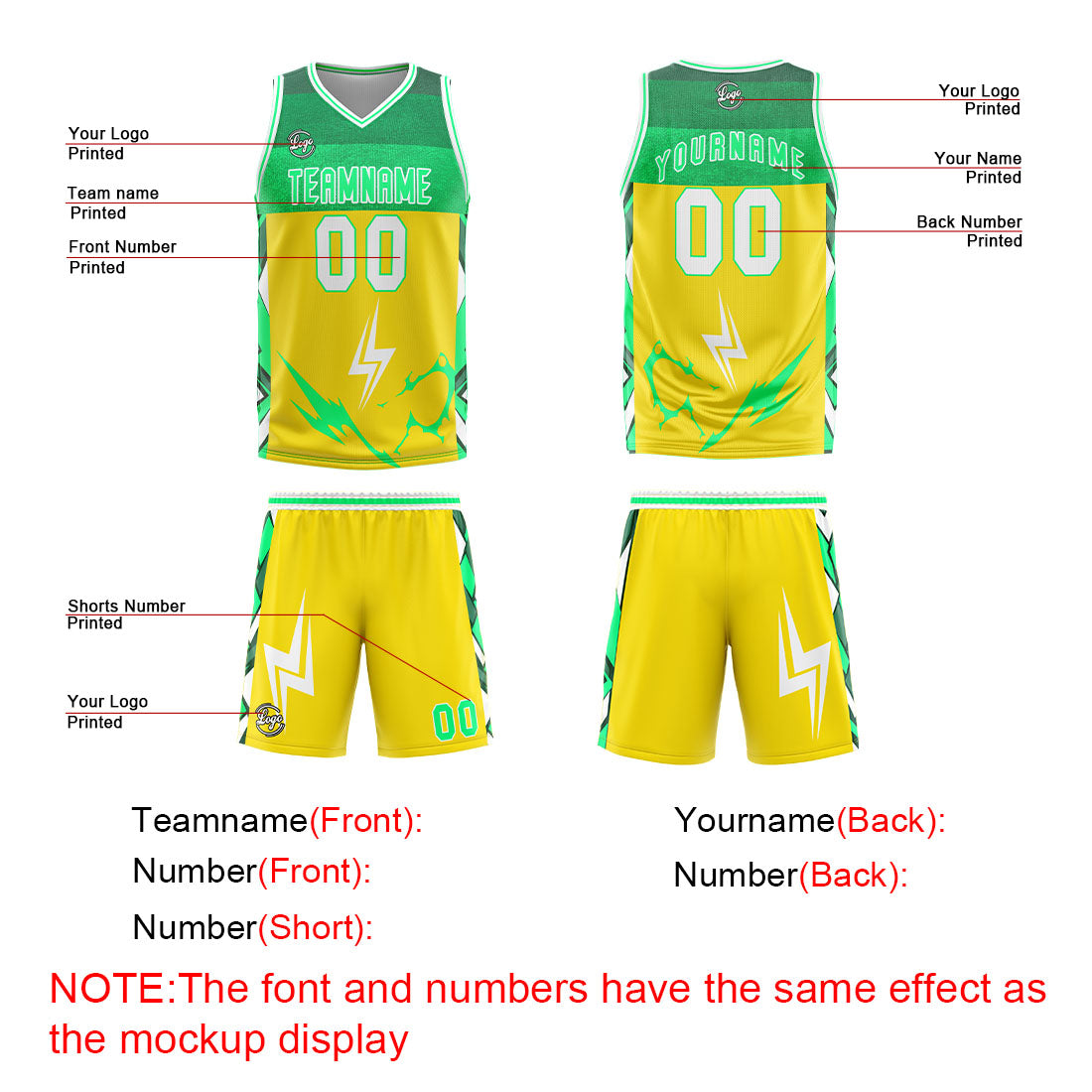 Uniforme de baloncesto personalizado amarillo y verde con tu logotipo-nombre y número impresos