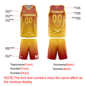 Uniforme de baloncesto personalizado rojo y amarillo con tu logotipo-nombre y número impresos
