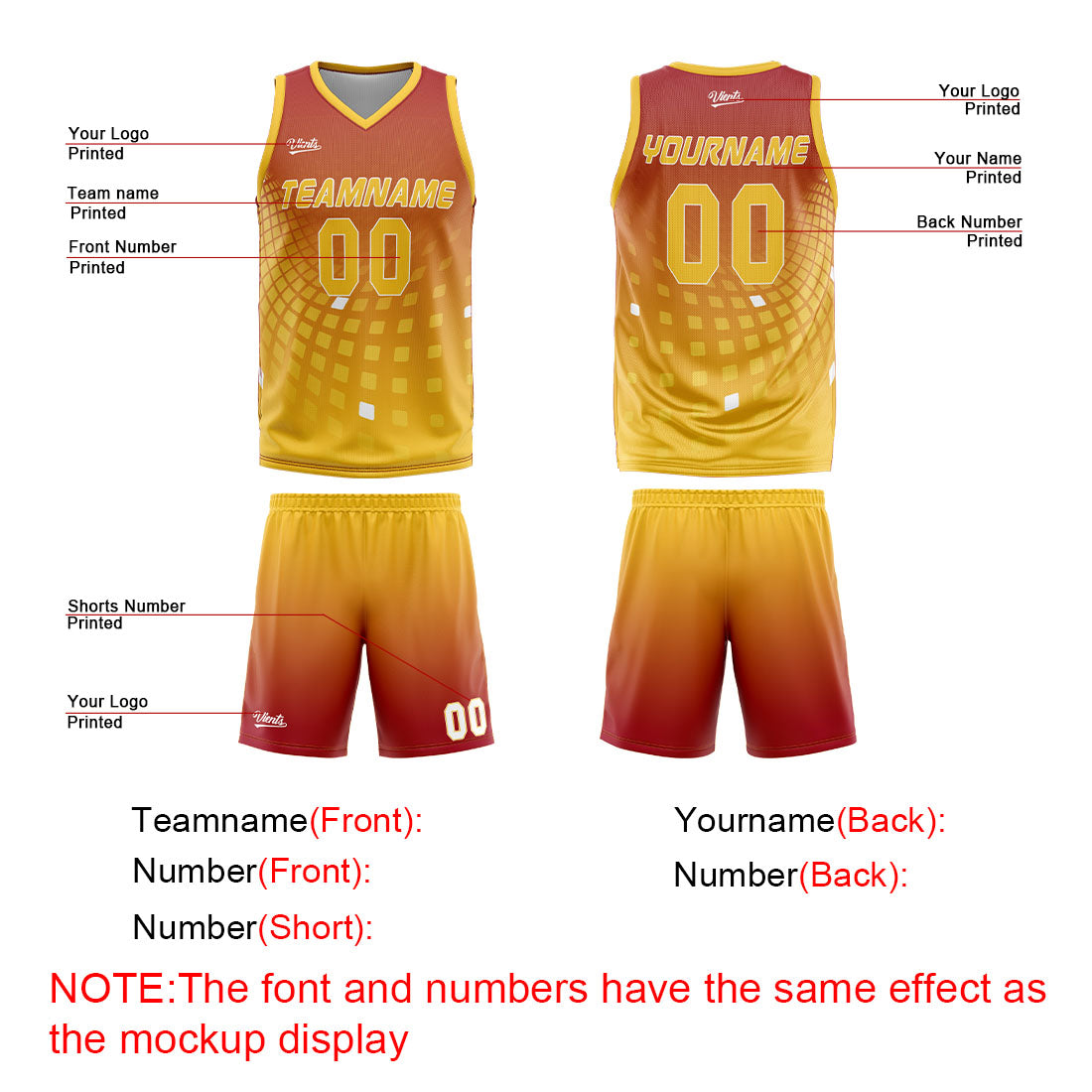 Uniforme de baloncesto personalizado rojo y amarillo con tu logotipo-nombre y número impresos
