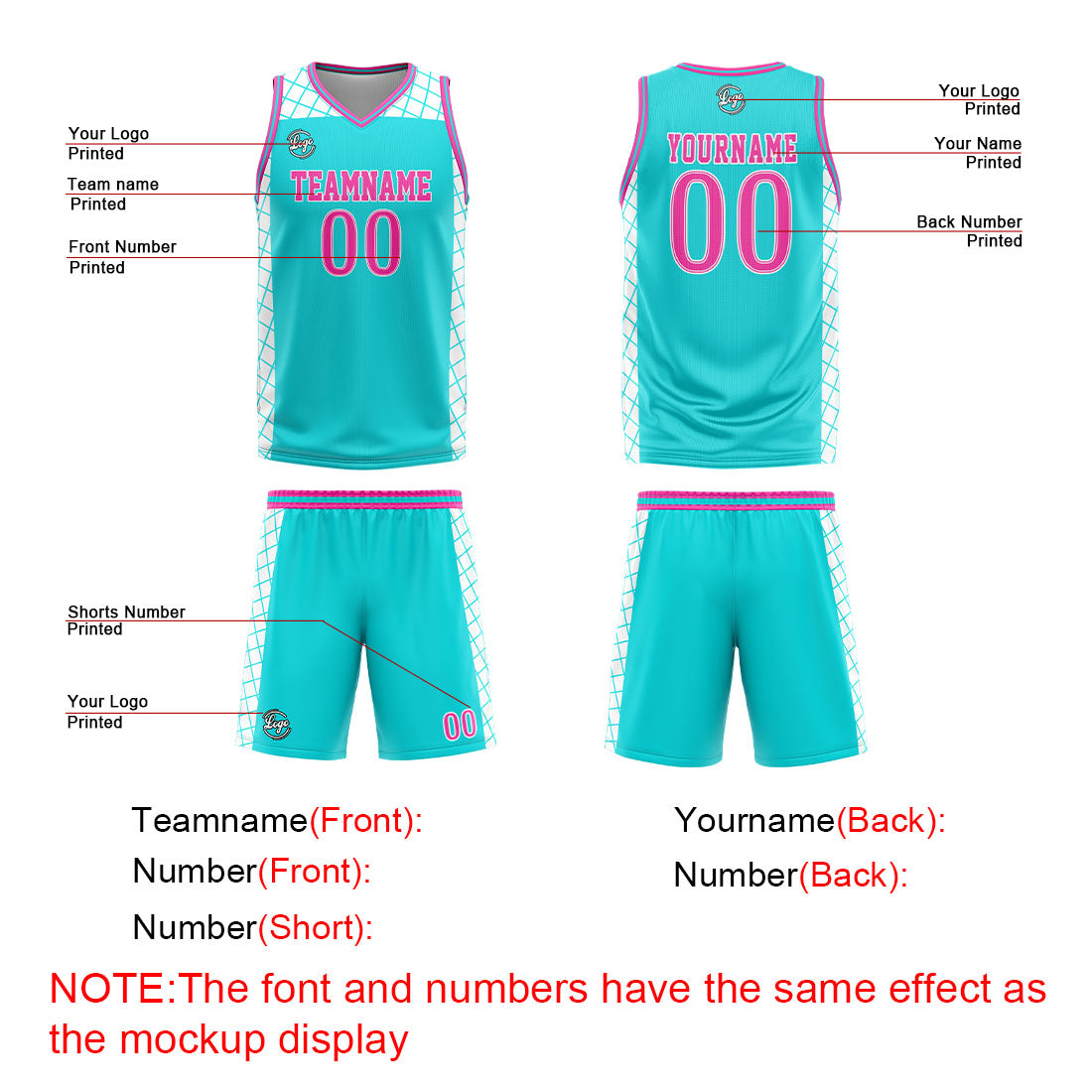 Uniforme de baloncesto rosa cian personalizado con tu logotipo-nombre y número impresos