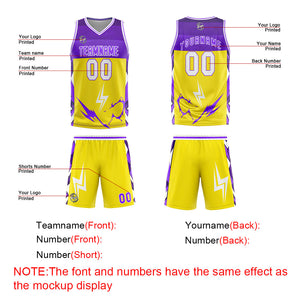 Uniforme de baloncesto personalizado amarillo y morado con tu logotipo-nombre y número impresos