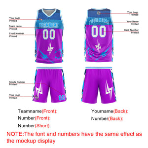 Uniforme de baloncesto personalizado en color morado y azul con tu logotipo-nombre y número impresos