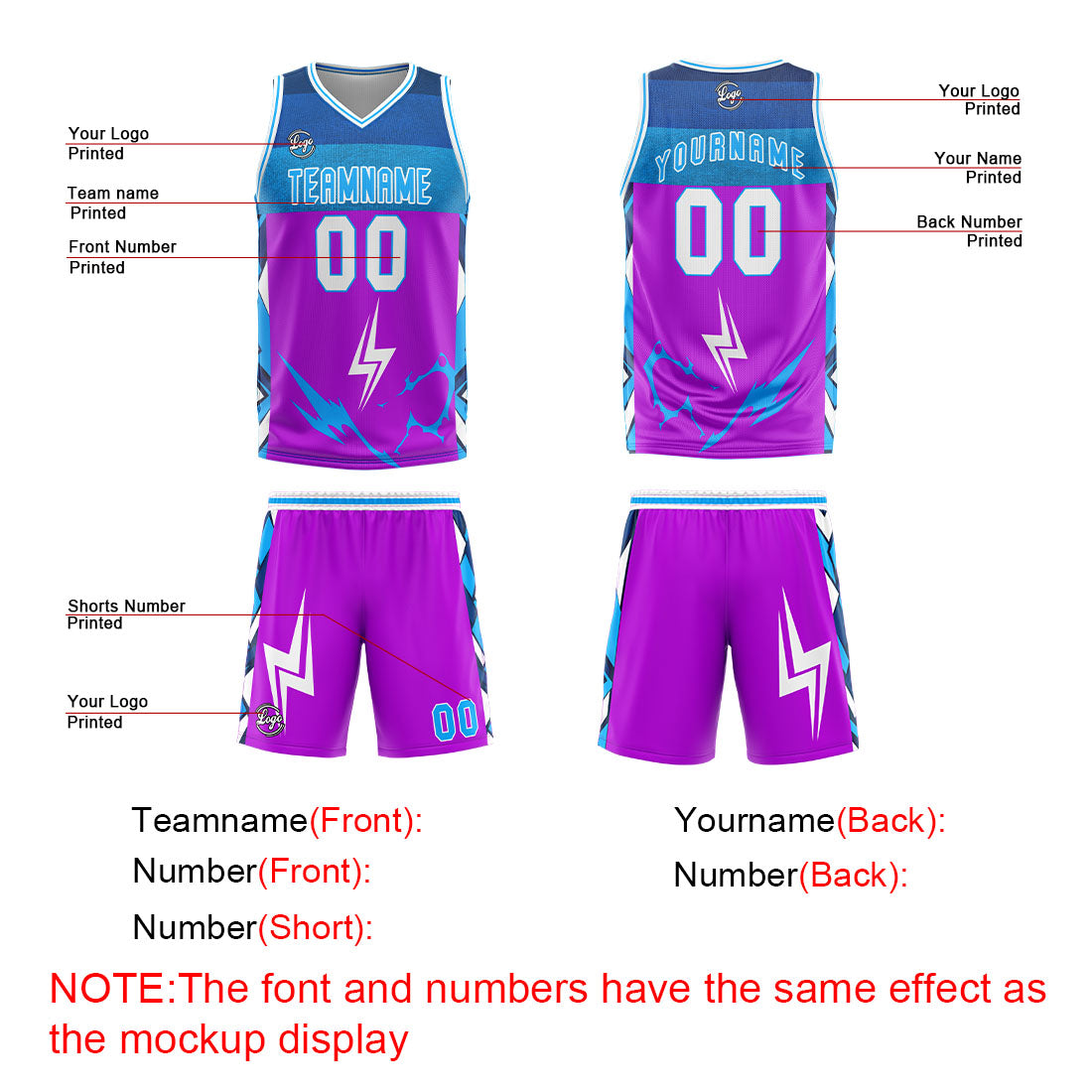 Uniforme de baloncesto personalizado en color morado y azul con tu logotipo-nombre y número impresos