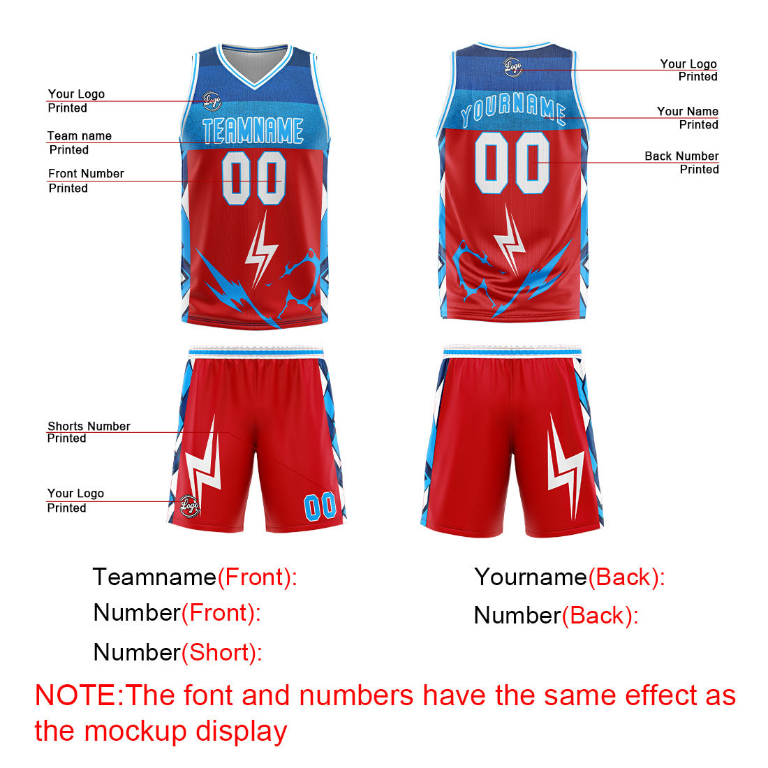 Uniforme de baloncesto personalizado rojo y azul con tu logotipo-nombre y número impresos