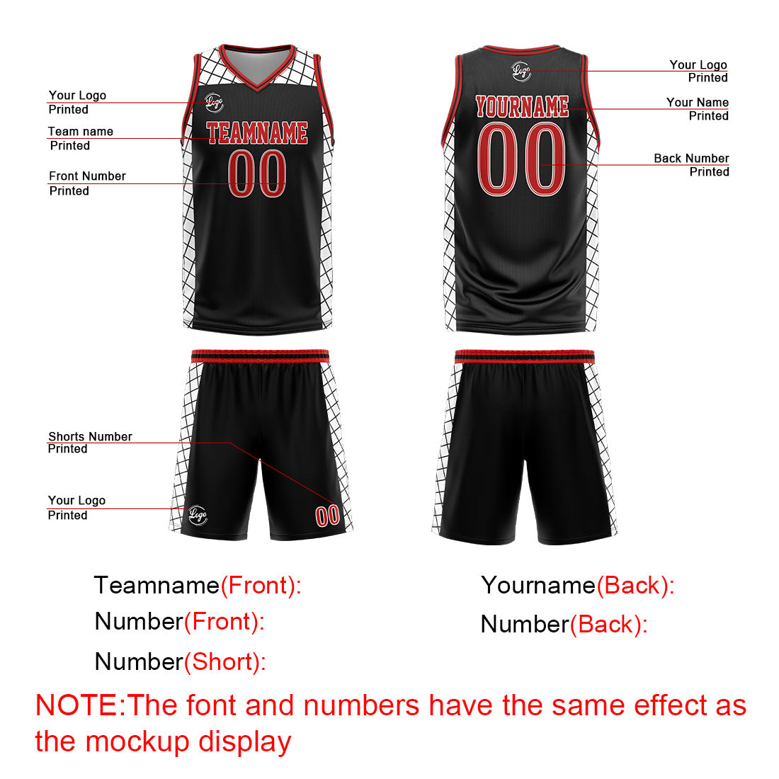 Uniforme de baloncesto personalizado en negro y rojo con tu logotipo-nombre y número impresos