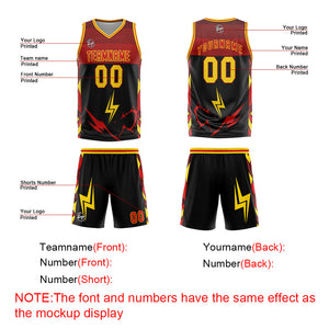 Uniforme de baloncesto personalizado en negro-rojo y amarillo con tu logotipo-nombre y número impresos