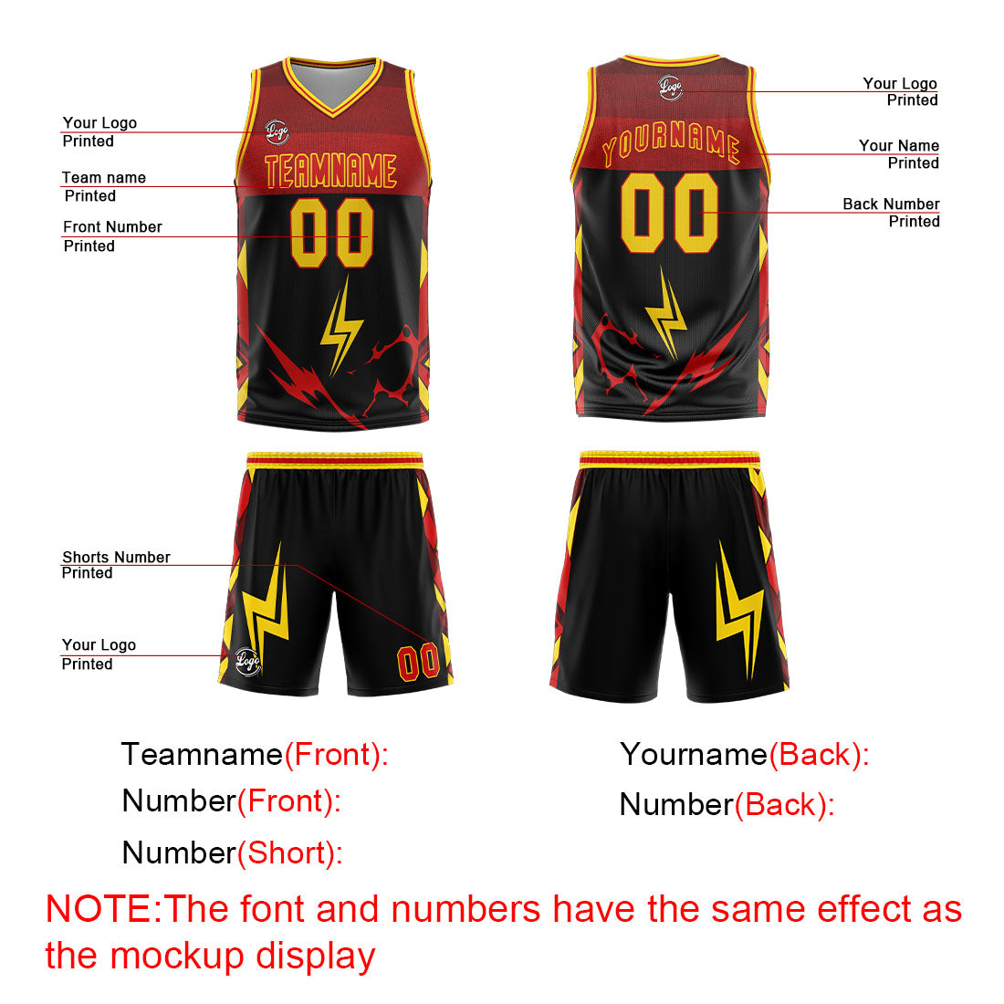 Uniforme de baloncesto personalizado en negro-rojo y amarillo con tu logotipo-nombre y número impresos