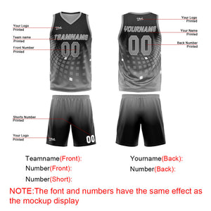 Uniforme de baloncesto personalizado en negro y gris con tu logotipo-nombre y número impresos