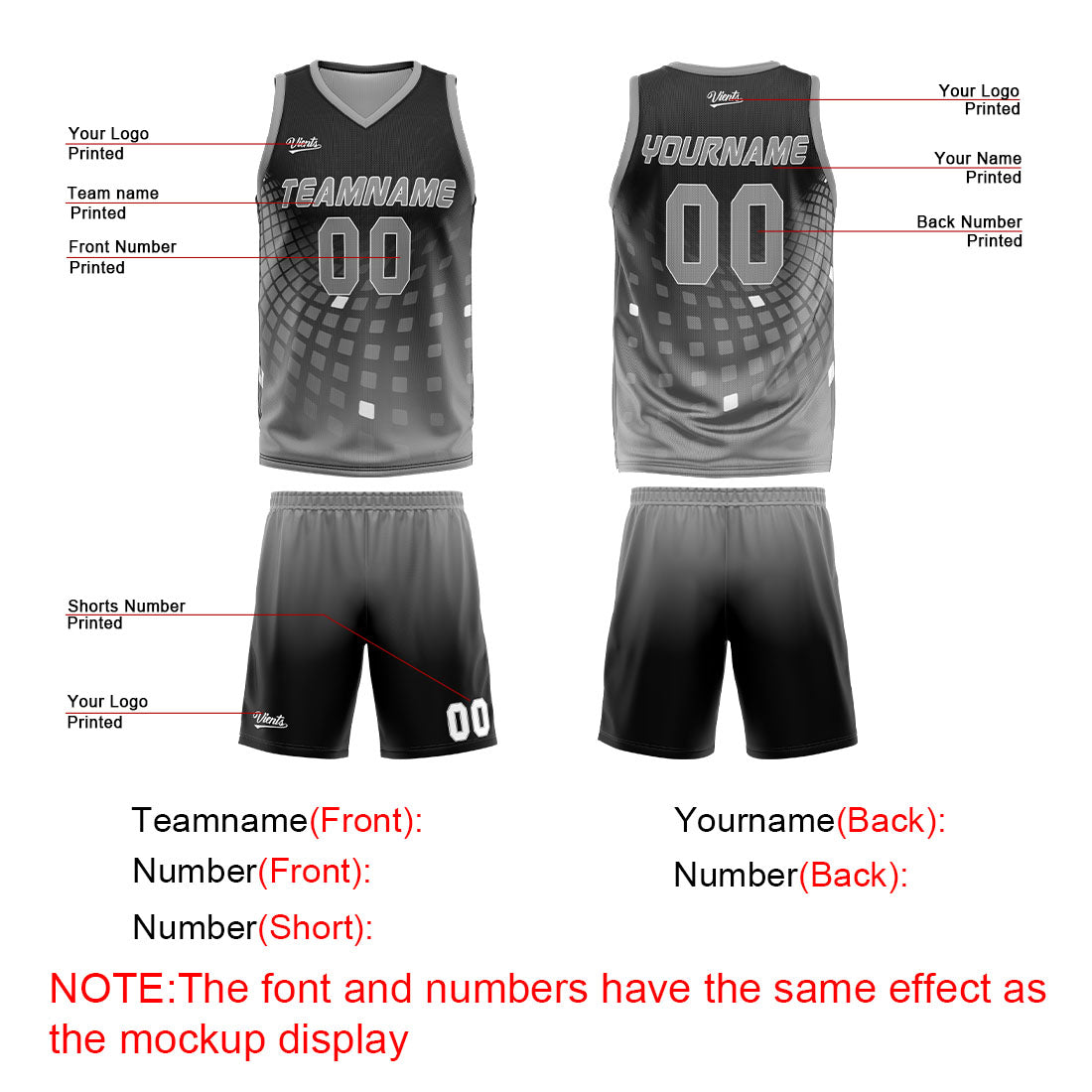Uniforme de baloncesto personalizado en negro y gris con tu logotipo-nombre y número impresos