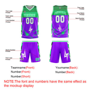 Uniforme de baloncesto personalizado en color morado y verde con tu logotipo-nombre y número impresos