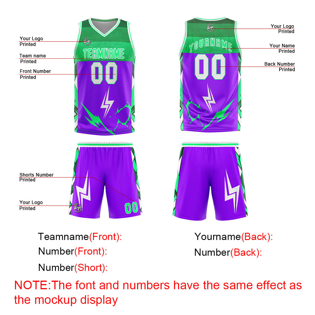 Uniforme de baloncesto personalizado en color morado y verde con tu logotipo-nombre y número impresos