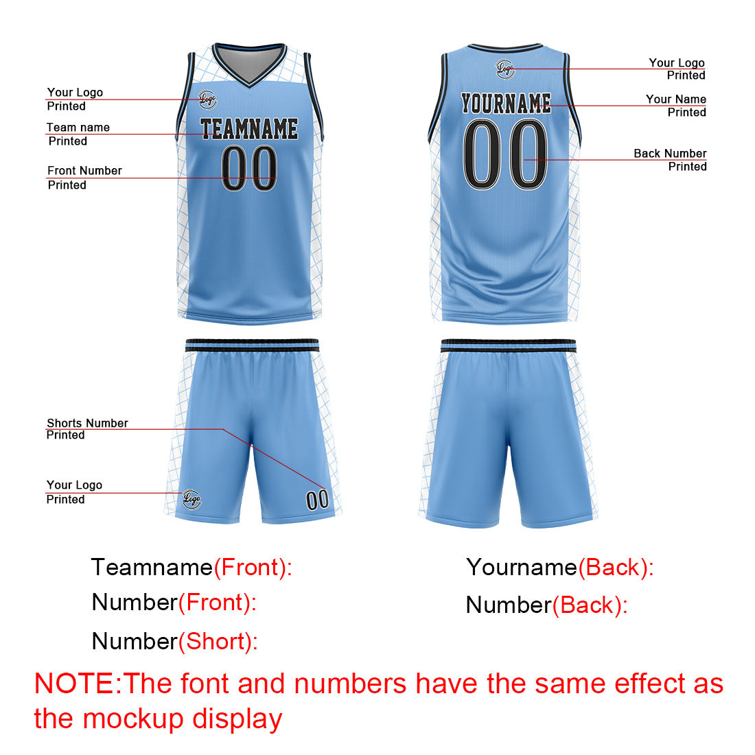 Uniforme de baloncesto personalizado azul claro y negro con tu logotipo-nombre y número impresos