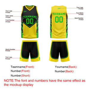Traje de baloncesto reversible personalizado en negro-amarillo y verde claro para adultos y niños