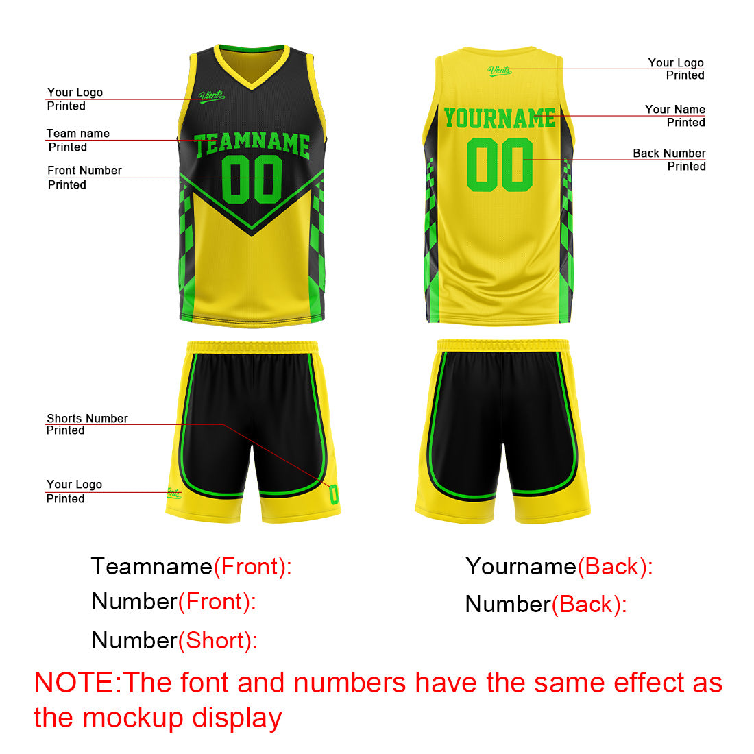 Traje de baloncesto reversible personalizado en negro-amarillo y verde claro para adultos y niños
