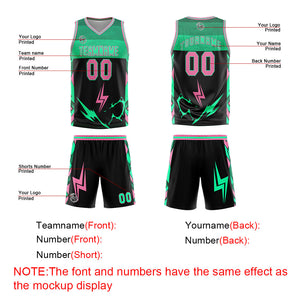 Uniforme de baloncesto personalizado en negro-verde y rosa con tu logotipo-nombre y número impresos