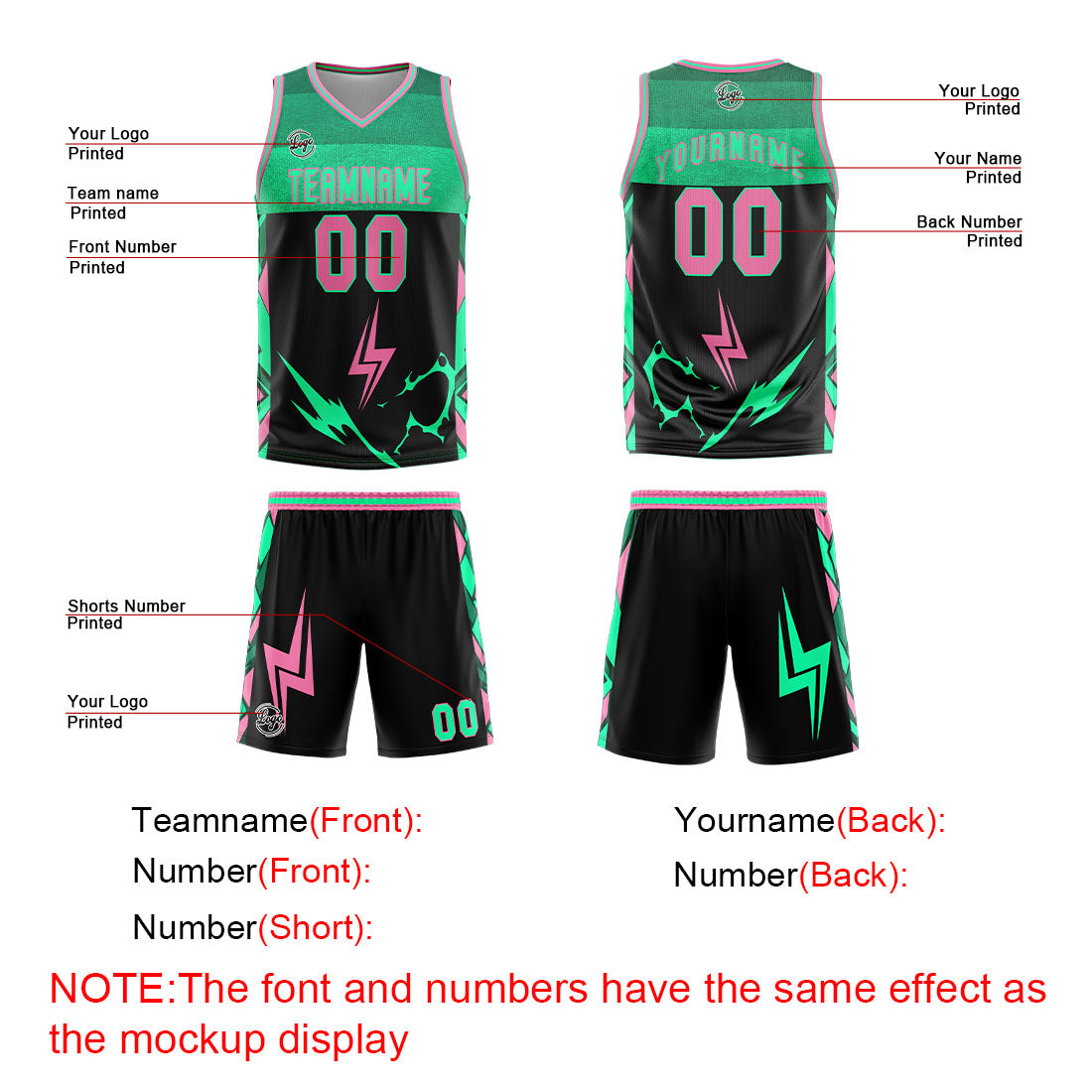 Uniforme de baloncesto personalizado en negro-verde y rosa con tu logotipo-nombre y número impresos